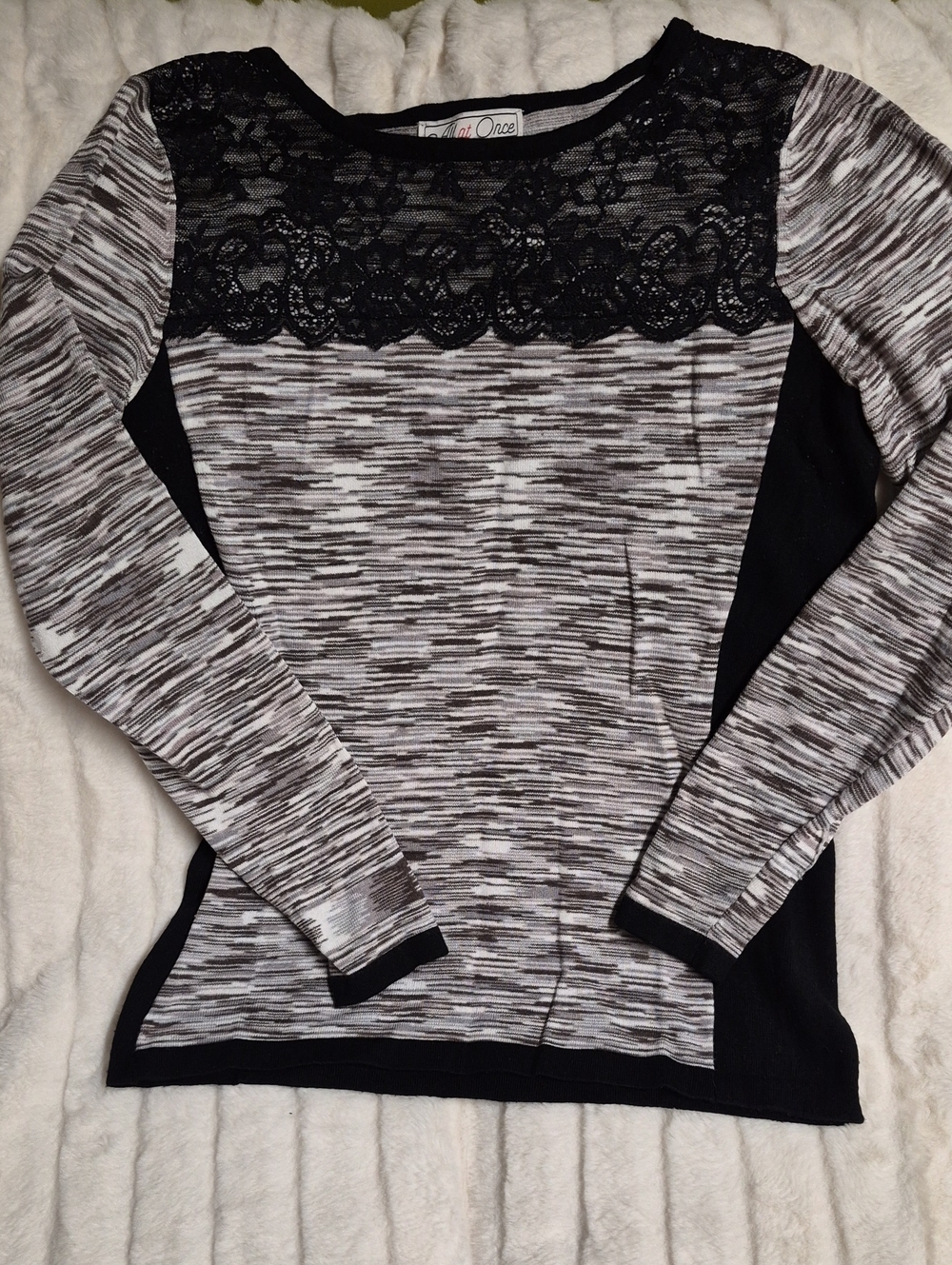 Lace-Yoke Marled Black & Gray Scoop Neck Sweater